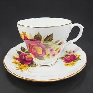 Duchess Bone China England Tea Cup and Saucer Set Pink Rose Floral Gold Trim 344